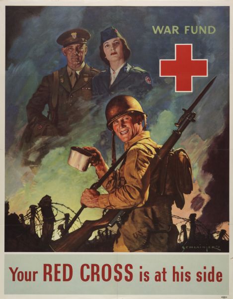 World War II-era recruiting poster for the American Red Cross showing an armed U.S. soldier in a trench smiling and holding a cup of coffee. A male and a female member of the American Red Cross appear guardian angel-like in the clouds.Titled "Your RED CROSS is at his side".