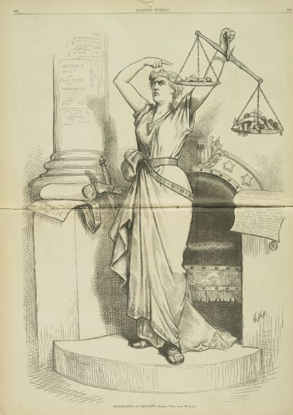 A cartoon depicting Justice holding bodies on her scale, one white and six black. The caption includes the phrase: "Five More Wanted."