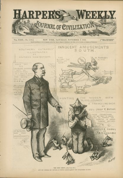 A cartoon depicting General M.C. Butler of South Carolina in fine clothing standing next to an African American who is on his knees, surrounded by small bulls. The caption reads: "Now let General M.C. Butler of South Carolina show how bulldozing is done".