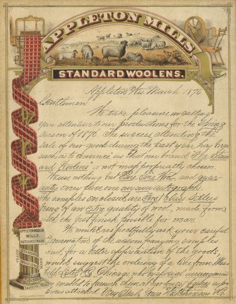 Advertising circular written on Appleton Woolen Mills letterhead.  In 1876 the Appleton Woolen Mills were operated by Hutchinson & Co.   Appleton Woolen Mills did not become the official business name until the company was incorporated in 1881.