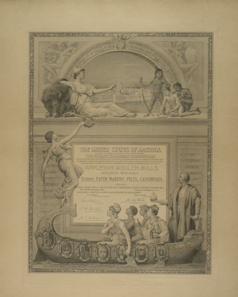 Award certificate presented to the Appleton Woolen Mills at the 1893 Chicago World's Fair.  The company won a bronze medal at the Fair for its paper makers' felts and other textiles.<p>The certificate reads, "The World's Columbian Exposition : captivating descriptions of the magnificent buildings and marvelous exhibits : such as works of art, textile fabrics, machinery, natural products, the latest inventions, discoveries, etc., etc., including a full description of Chicago, its wonderful buildings, parts, etc. - Northrop, Henry Davenport, 1836-1909. This is an award given by the Columbian Exposition for Paper Makers' Felts, and Cassimeres.
