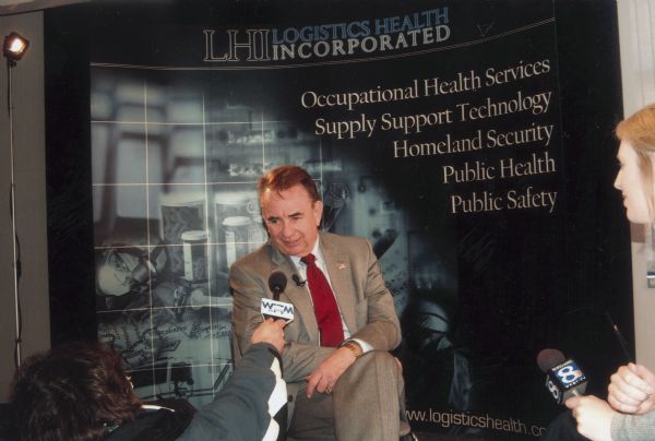 Tommy Thompson, Secretary of Health & Human Services (2001-2005) being interviewed while on a visit to La Crosse.