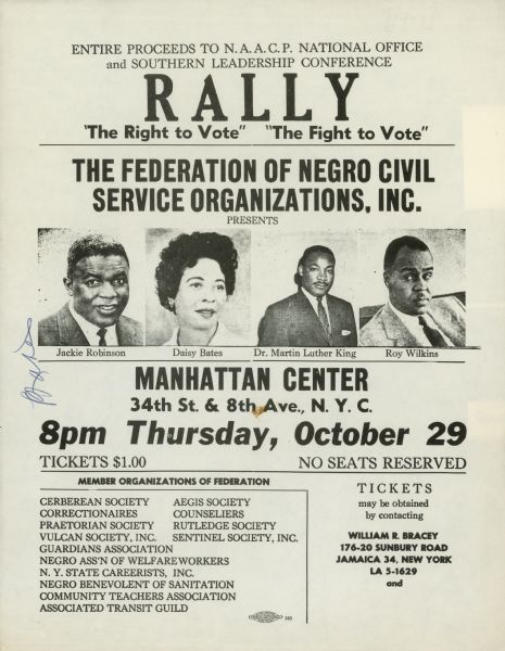 Flyer for a rally "The Right To Vote" "The Fight To Vote" sponsored by the Federation of Negro Civil Service Organizations, Inc. Speakers include Jackie Robinson, Daisy Bates, Martin Luther King, Jr., and Roy Wilkins.