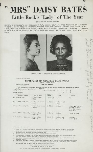 "Little Rock's 'Lady' of the Year", a flyer distributed by racists in Little Rock, illustrated by her 1946 police mug shot and arrest record. The text charges that as the "self-appointed protector of the Little Rock Nine", she has now achieved dictatorial authority over racial incidents at Central High School.