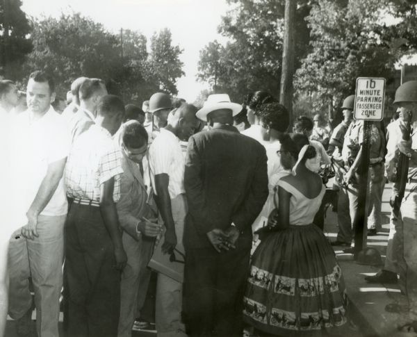 First attempt of the Little Rock Nine to enter Central High School. They were denied entrance by the Arkansas National Guard who had been called up by Governor Orval Faubus on September 2 to prevent violence and prevent the African American students from entering.