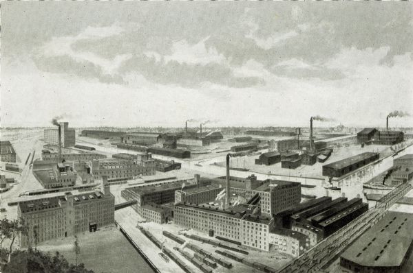 Elevated view of tanning company owned by Guido Pfister & Fred Vogel in Milwaukee in the 1840s.
