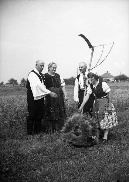 Two couples in Hungarian costumes, one man holding a scythe (kasza), admiring a sheaf of wheat in a wheat field. The twig tied to the scythe in a triangle is to make the grain fall evenly.  Photograph made during the Old World Hungarian Harvest festival near Arcadia Park in Milwaukee.