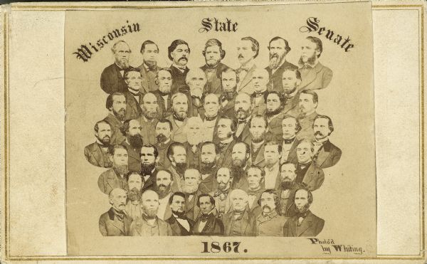 Composite photograph of the Wisconsin Senate by Whiting of the Madison studio, Robert's & Whitings Temple of Art, printed as a carte-de-visite.