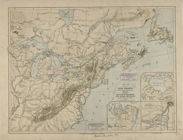 A map of New France, including parts of the United States and Canada, to illustrate the Jesuit relations and allied documents. There is some handwriting and ink stamps on the map.
