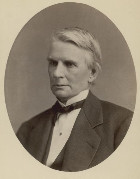 Studio portrait of Timothy Howe. Born in Livermore, Me., Feb. 24, 1816. Member of the Maine legislature in 1845. He moved to Wisconsin; was elected a judge of the circuit court in 1850, served on the bench till he resigned, in 1855; elected three times to the United States senate, first taking his seat in 1861; postmaster-general, 1882. Died at Kenosha, March 25, 1883." (Reuben Gold Thwaites, Second Triennial Catalogue of the Portrait Gallery of the State Historical Society of Wisconsin, 1892.)
