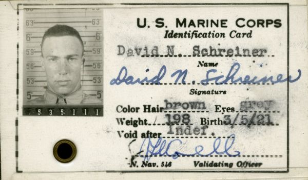 A United States Marine Corps identification card for David N. Schreiner, which includes a photograph.