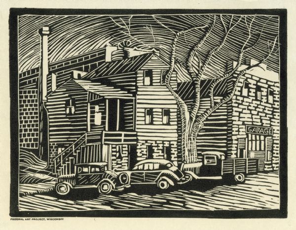 Woodblock print of an urban scene with cars parked along the curb near a garage.