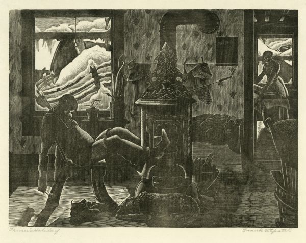 Artwork showing man with his feet up in front of a woodburning stove. A dog is sleeping on the floor at the farmer's feet. A woman uses a rolling pin in an adjacent room, and there is a winter landscape visible out of the window.