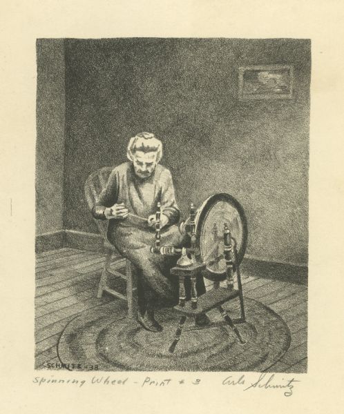 Drawing of a woman seated at a spinning wheel.