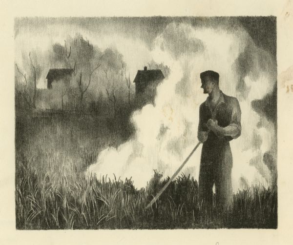 Drawing of a man standing in a field and holding a damper or rake with smoke billowing from the grass.