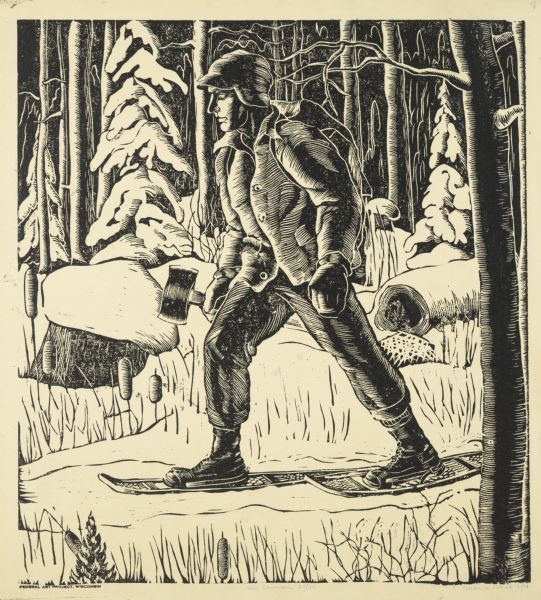 Woodblock print of a man walking in snow wearing snowshoes and carrying a double-bladed axe.