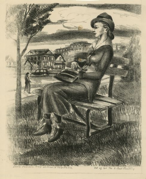 Imnage of a woman seated on a park bench.
