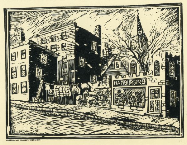 Woodblock print of an urban street scene with a clothesline strung between buildings, and a church and a hamburger joint.