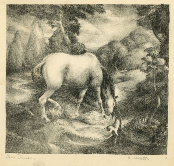 Horse drinking from a stream with a small dog nearby.