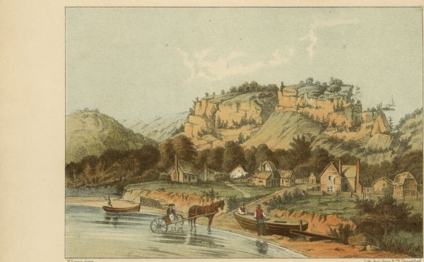 Drawing of Cassville depicting a horse cart on the river's edge, with men and boats.