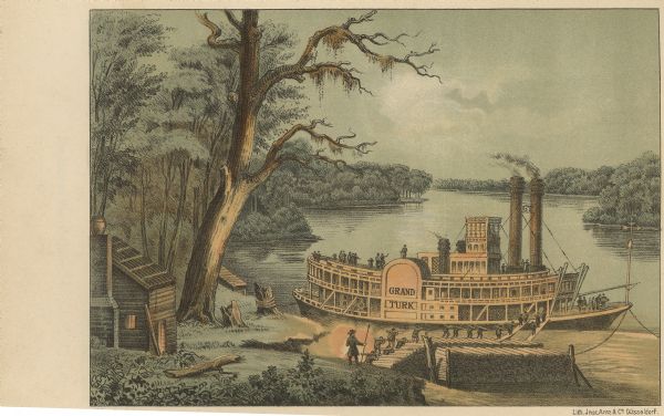 Drawing of Grand Turk steamboat on the river's edge. Print is part of a series collected in Lewis' "Das Illustririte Mississippithal".