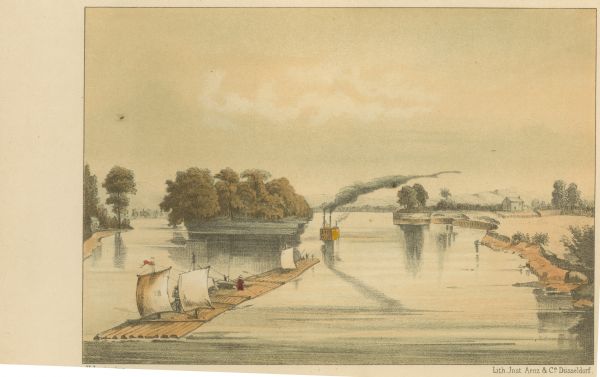 Lithographed drawing of the mouth of the St. Croix River depicting a sailing barge and steamboat in the distance. Print is part of a series collected in Lewis' "Das Illustririte Mississippithal".
