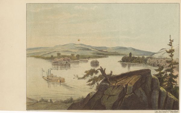 Drawing of the mouth of the Wisconsin River from a scenic overlook depicting a steamboat in the distance. Print is part of a series collected in Lewis' "Das Illustririte Mississippithal".
