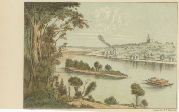 Drawing of Nauvoe, Illinois, depicting a small town on a hillside overlooking the Mississippi River. Print is part of a series collected in Lewis' "Das Illustririte Mississippithal".
