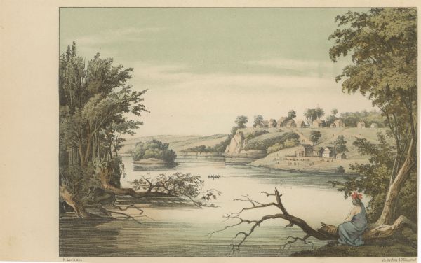 Drawing of St. Paul, Minnesota, depicting a small town on a hillside overlooking the Mississippi River. A Native American sits on a log in the foreground. Print is part of a series collected in Lewis' "Das Illustririte Mississippithal".