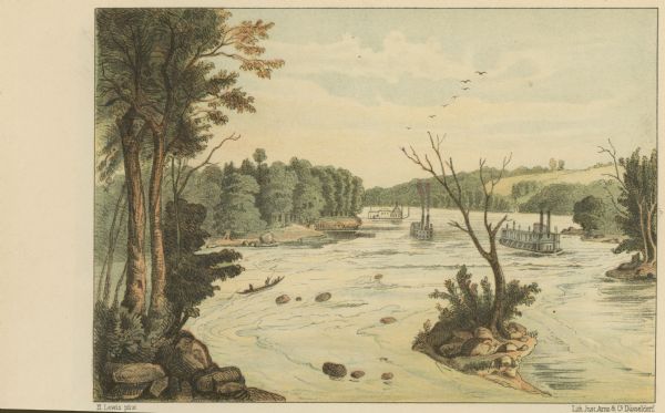 Drawing of the rapids on the Mississippi River depicting several steamboats in the distance. Print is part of a series collected in Lewis' "Das Illustririte Mississippithal".