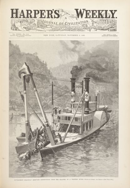Engraved view of a government snagboat removing obstructions from the channel of a western river.