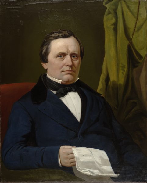 Alanson Sweet -- "Migrated from Owasco, N.Y. in 1835, to Milwaukee; was a member of the Milwaukee Union for the protection of settlers on the public lands against rapacious speculators, 1836; and a member of the Territorial council in 1836-38. He resided in Kansas for some time after this, but the closing years of his life were spent in Chicago, where he died April 18, 1891." (Reuben Gold Thwaites, Second Triennial Catalogue of the Portrait Gallery of the State Historical Society of Wisconsin, 1892.)<p>"Sweet, Alanson (Mar. 12, 1804-Apr. 18, 1891), promoter, grain trader, politician, b. Owasco, N.Y. He moved to Milwaukee in 1835, established claim to a tract of land, and became a farmer. He was a member of the Milwaukee Claimants' Union for the protection of settlers against speculators (1836). A Democrat, Sweet was a member of the territorial upper house (1836-1838) and was Milwaukee alderman (1848-1849). He was prominently indentified with many early plankroad and railroad promotion projects, and was one of the outstanding pioneers in the Milwaukee grain trade. He left Milwaukee in the early 1860's, moved to Kansas, and eventually to Evanston, Ill. where he died." (State Historical Society of Wisconsin, Dictionary of Wisconsin Biography, 1960, p. 344.)<p>Artist Samuel Marsden Brookes received $40 payment for this portrait of "Alanson Sweet...for His. Soc." in March 1856. (Samuel Marsden Brookes, Daybook, 1841-1861.)</p>   