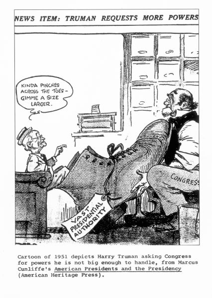 A political cartoon in which a small Harry Truman wearing an oversized shoe is requesting more power of a man representing Congress.