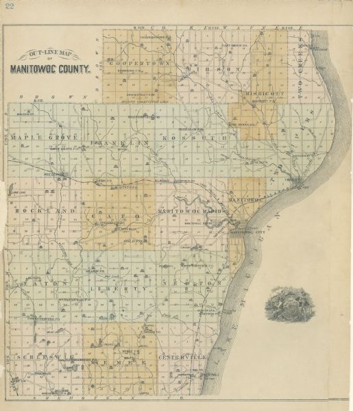 Outline map of Manitowoc County. Includes engraving of Wisconsin State Seal at bottom right.