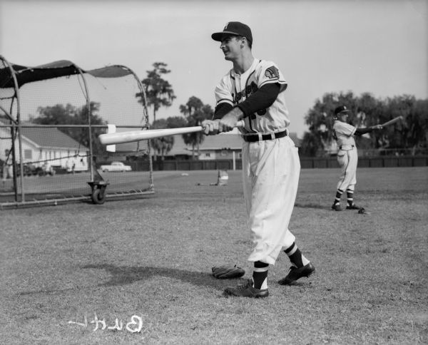 Milwaukee Braves player Bob Buhl during batting practice at spring training.