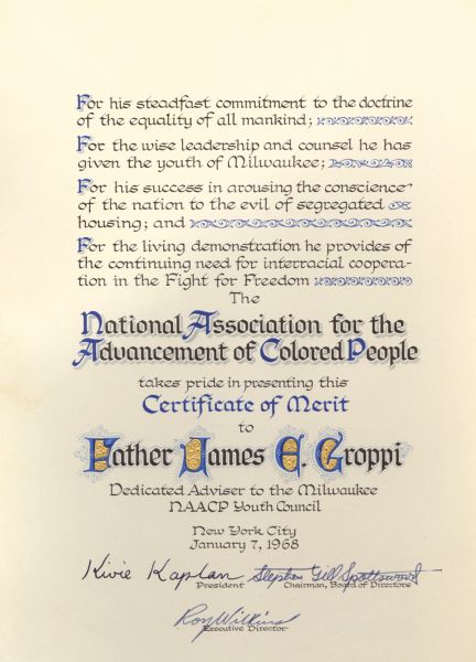 Certificate of Merit presented to Father James E. Groppi of Milwaukee on January 7, 1968, for his work as Advisor of the Milwaukee NAACP Youth Council. The certificate is signed by NAACP President, Kivie Kaplan, Chairman, Stephen Gill Spottswood, and Executive Director, Roy Wilkins.
