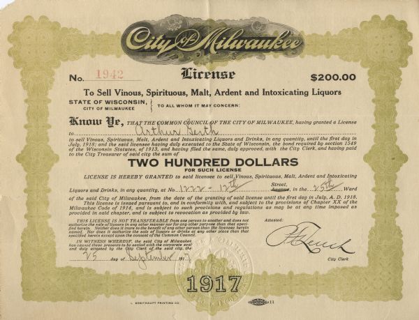 License from the City of Milwaukee granting Arthur Gerth permission to sell alcohol at 1222 12th Street.