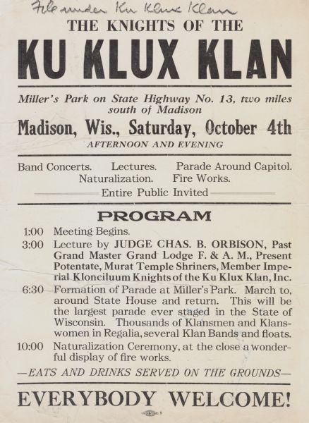 Broadside advertising a meeting and picnic of the Ku Klux Klan (KKK) at Miller's Park in Madison, Wisconsin.