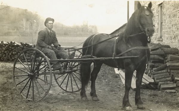 Man in a striped suit seated in a cart and holding the reins of a horse. Woodpiles are visible along a nearby wall and fence line.