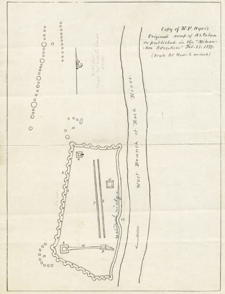Copy of N.F. Hyer's original map of Aztalan as published in the <i>Milwaukee Advertiser</i>, February 25, 1837.