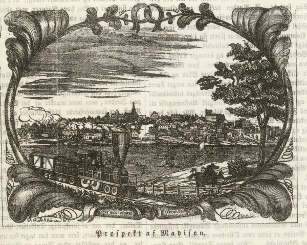Engraved view of Madison showing a train in the foreground. The 2nd State Capitol (1st in Madison) can be seen on the horizon.
