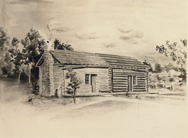 Log cabin home of Josiah and Mary Ferguson La Follette, the birthplace of Robert Marion La Follette, from a drawing.