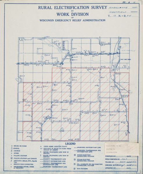 Rural electrification survey map of Marquette county in Westfield township.