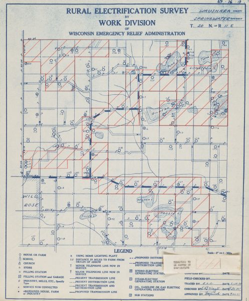Rural electrification survey map of Waushara county in Springwater township.