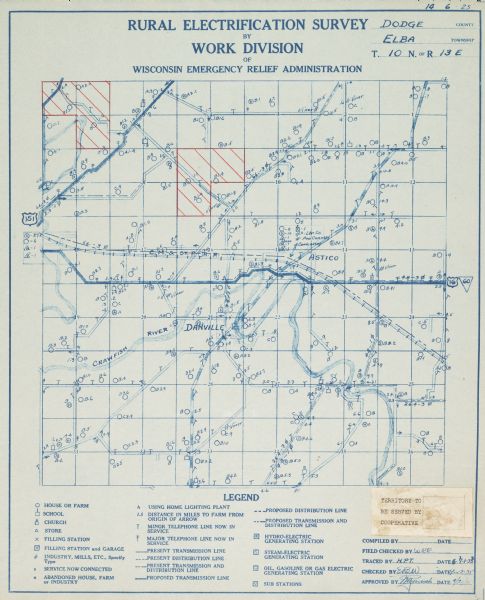 Rural electrification map of Dodge county in Elba township. Title at top reads: "Rural Electrification Survey by Work Division of Wisconsin Emergency Relief Administration."