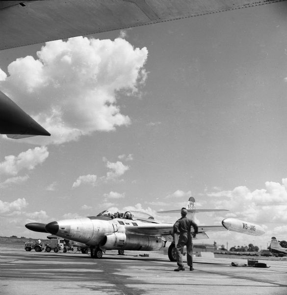A Wisconsin Air National Guard F-89 Scorpion at Truax Field. Armaments for this fighter included two air-to-air rockets capable of being armed with nuclear warheads.