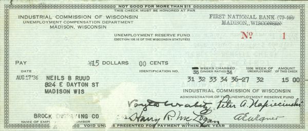 Front side of the first unemployment check issued in Wisconsin to Neils B. Ruud.