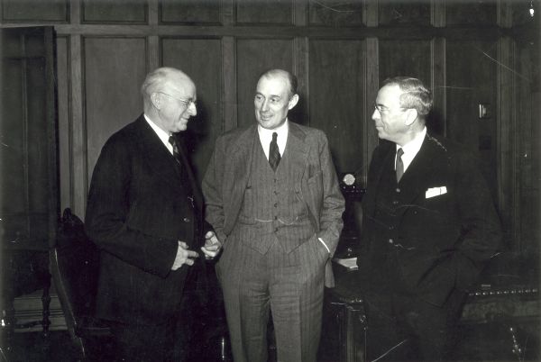 Arthur W. Page (middle), posing with Floyd Ogden, Vice President of Mountain States Telephone Company (right), and Frederick Reid, President of Mountain States Telephone Company (left).