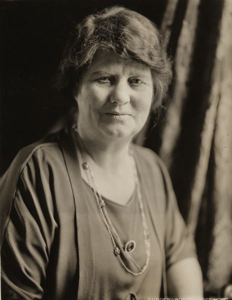 Studio portrait of Belle Case La Follette, the wife of Robert M. La Follette, taken about the time of his independent campaign for the presidency. Mrs. La Follette was a strong partner in her husband's political career, speaking publicly in his behalf during his campaigns and assisting with the editing of the "Progressive Magazine".