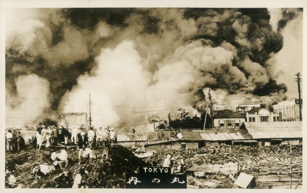 Destruction around the Imperial Hotel in Tokyo, Japan, following the 1923 earthquake. The hotel was designed by architect Frank Lloyd Wright.